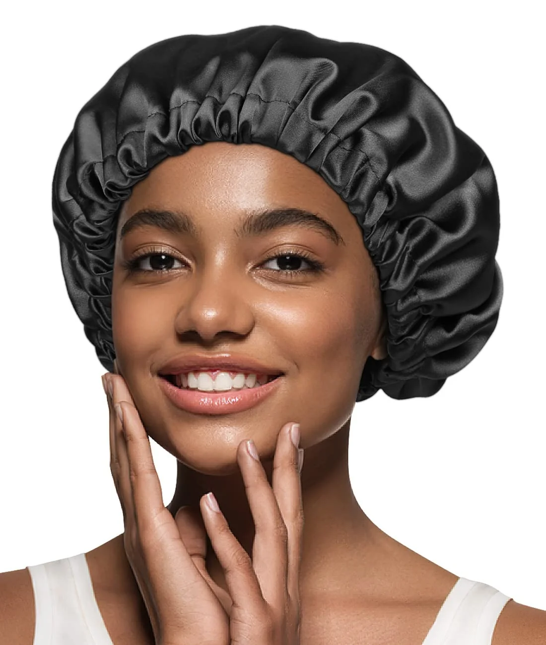Premium Alnorm Satin Sleep Cap Double-Sided Adjustable Hair Bonnet for Girls Black Sophisticated
