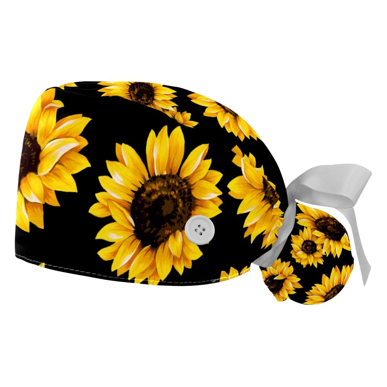 Durable 2 Pcs Adjustable Working Caps with Button Yellow Sunflower Black Bouffant Ponytail Scrub Caps Women Long Hair Modern