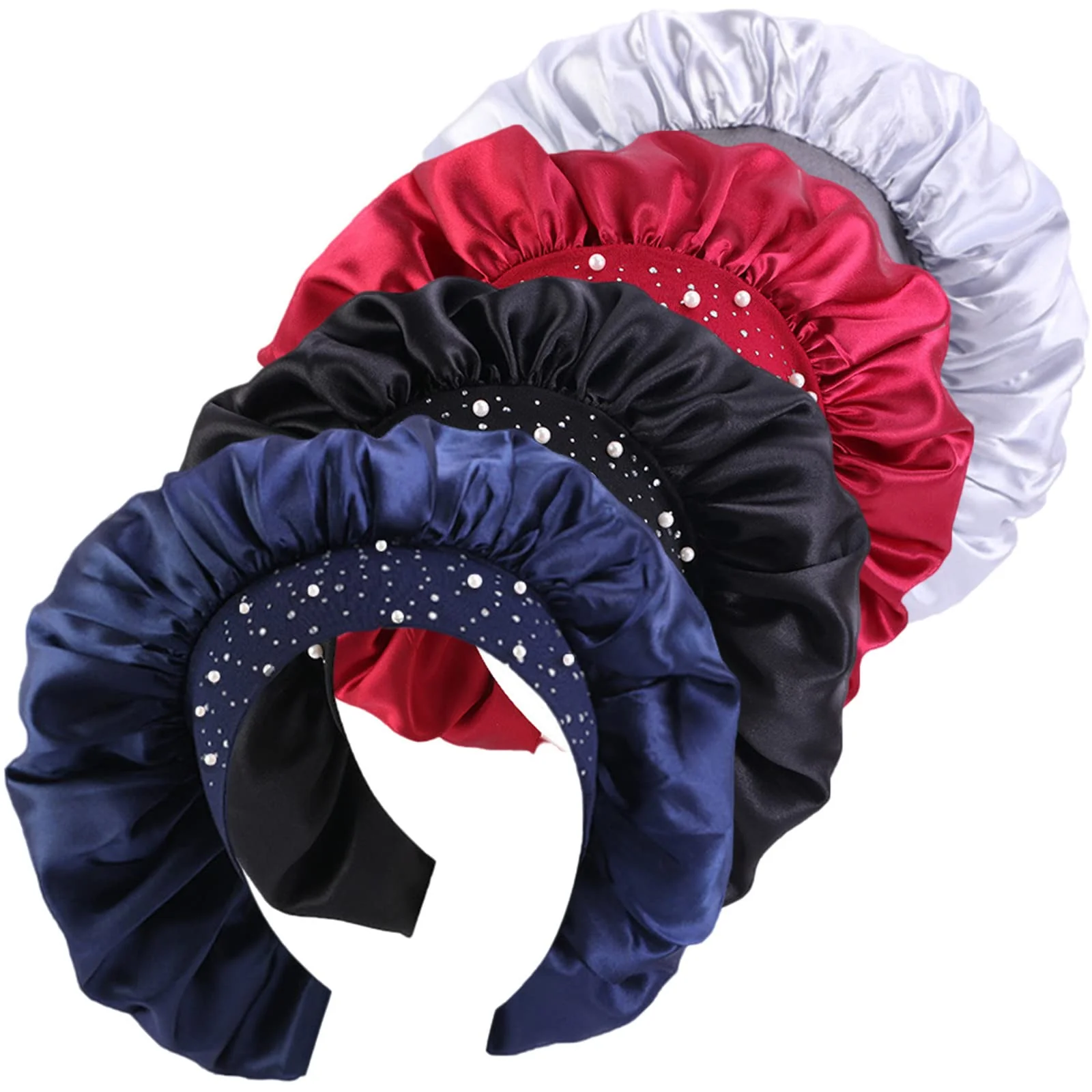 Pure 4 Pieces Women's Satin Rhinestone Sleeping Hat Night Sleep Cap Hair Care Salon Makeup Muslim Hijab Head Cover Bonnet Hat Smooth