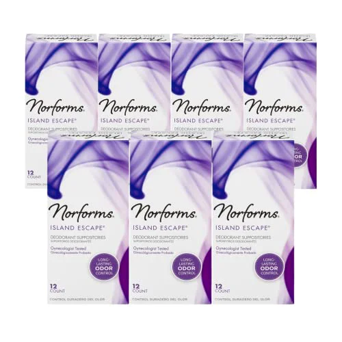 Solid Norforms Feminine Deodorant Suppositories Long Lasting Odor Control Island Escape scent 12 Count. Pack of 7 Traditional