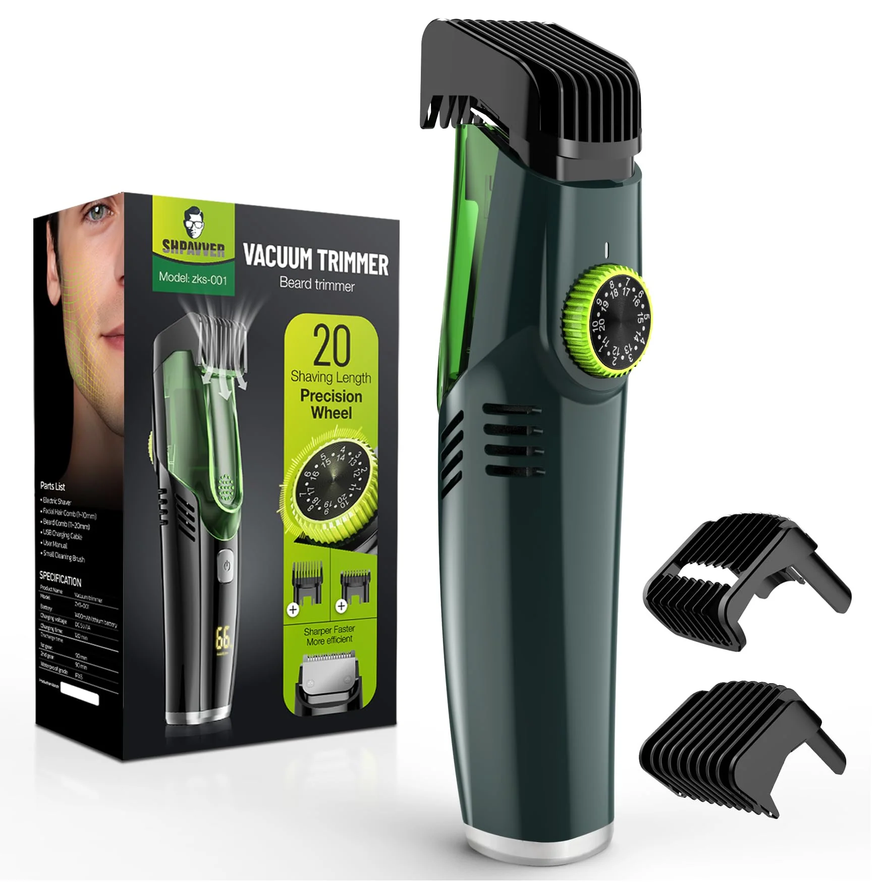 World-Class SHPAVVER Vacuum Beard Trimmer for Men Mustache Trimmer with 20 Length and Styles Adjustable Built-in Vacuum Trimmer for Mustache Sideburns Facial Minimalist