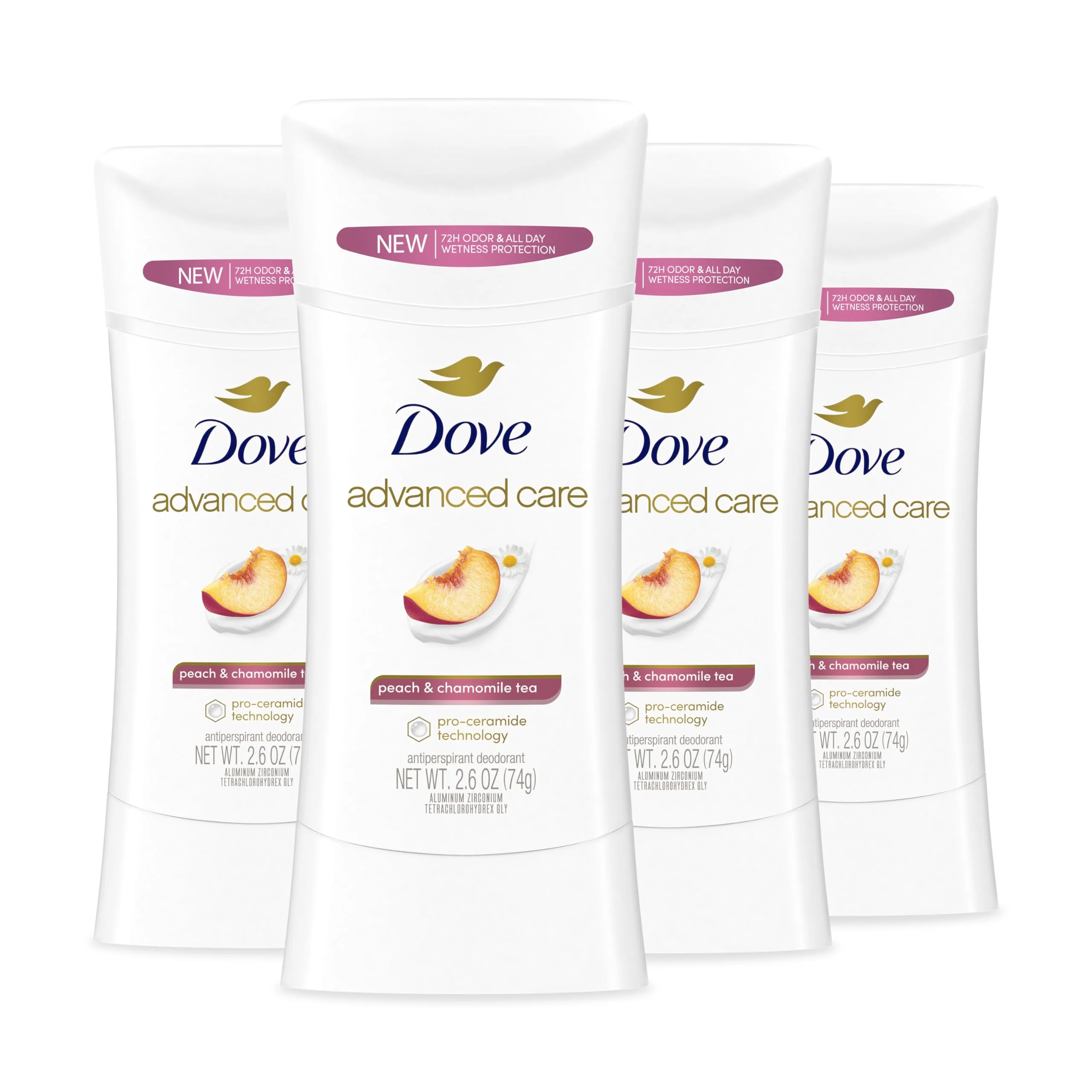 Quality Dove Advanced Care Antiperspirant Deodorant Stick Peach Chamomile Tea 4 Count for helping your skin barrier repair after shaving 72 hour odor Organic