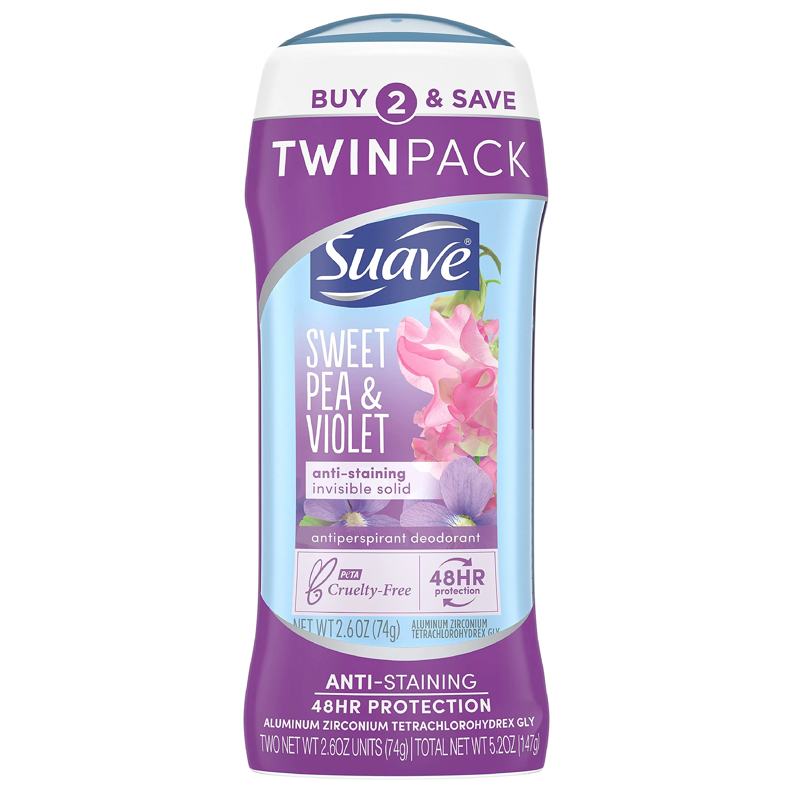Clean Suave Deodorant Antiperspirant Deodorant Stick 48-hour Odor and Wetness Protection Sweet Pea Violet Deodorant for Women 2.6 oz 2 Count High-End