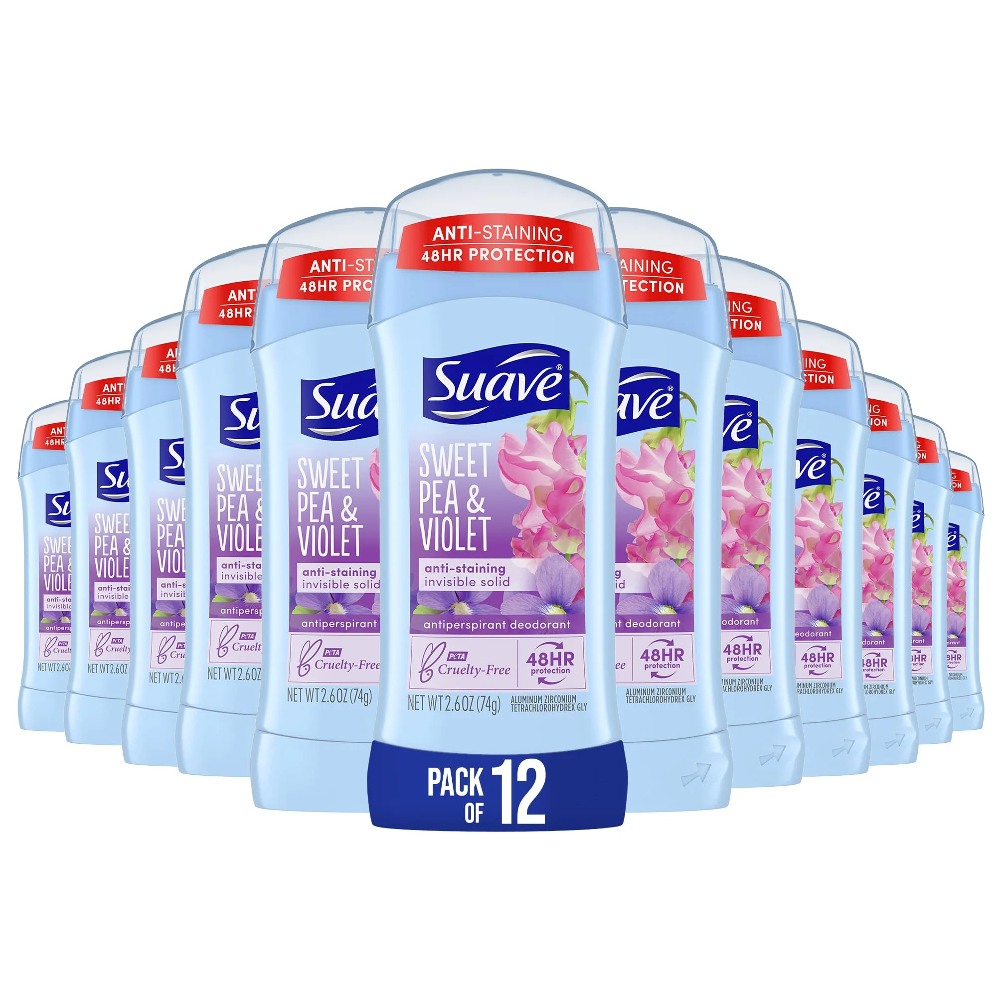 Official Suave Naturals AntiPerspirant Deodorant Invisible Solid Sweet Pea Violet Case Pack Twelve 2.6 Ounce Sticks Authentic