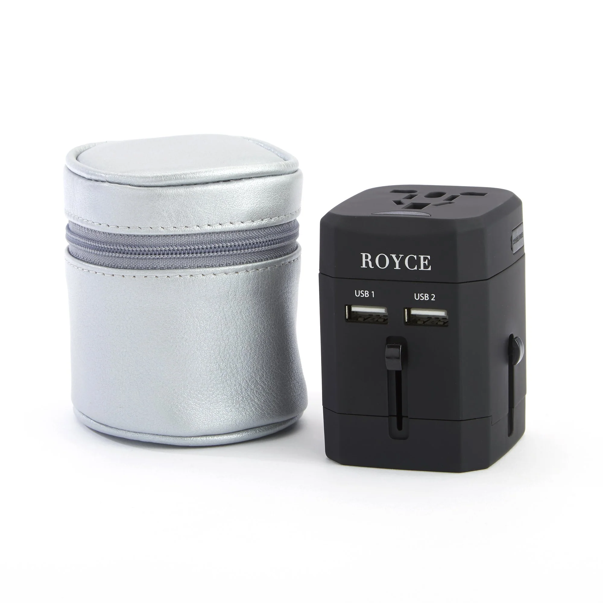 Long-Lasting Royce Leather International Travel Adapter Case Silver First-Class