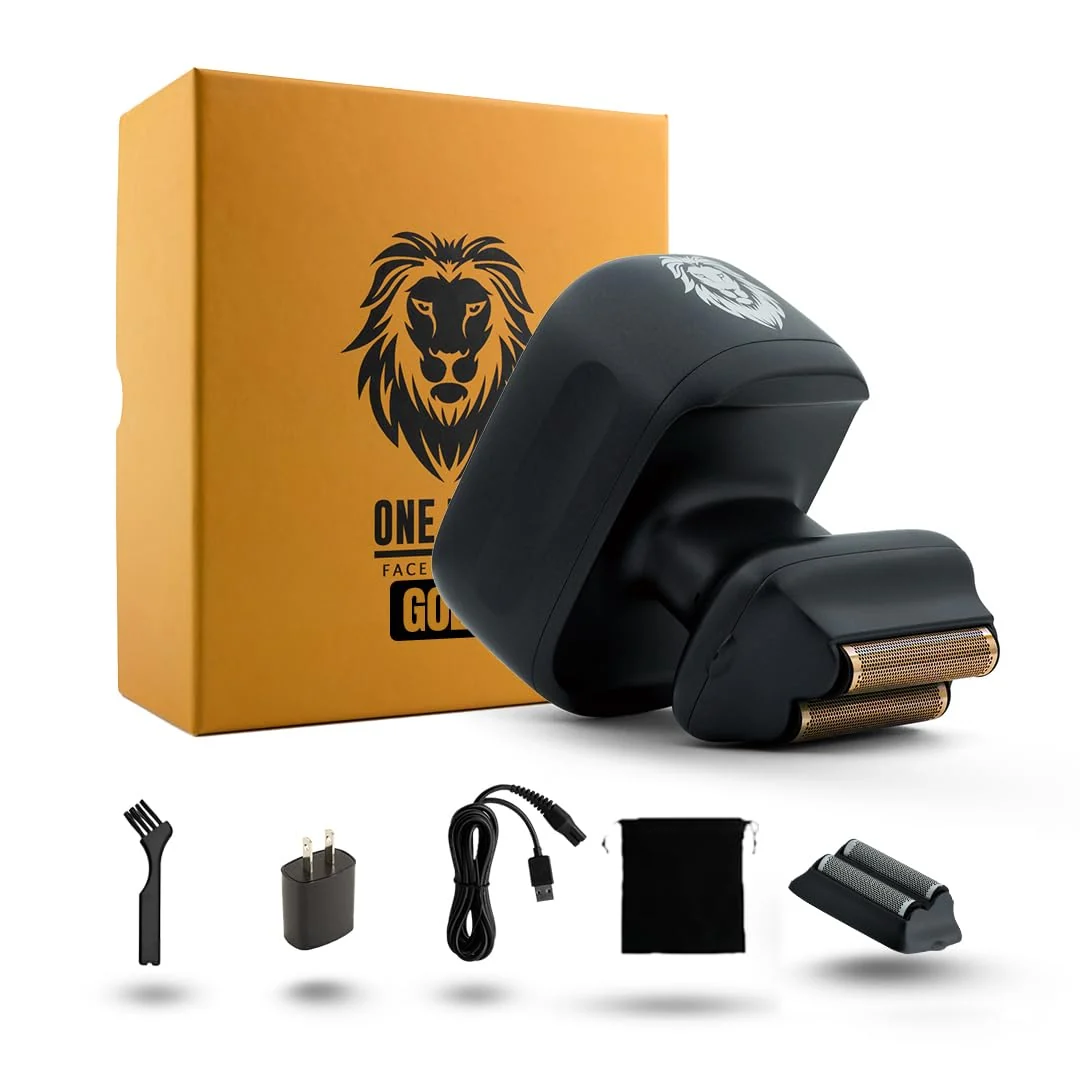 Verified Skull Shaver One Lion Gold PRO Face Shaver for Men - Precision Grooming - Stepped Twin Foil - Ergonomic Grip - LCD Display - Cordless Rechargeable Reusable