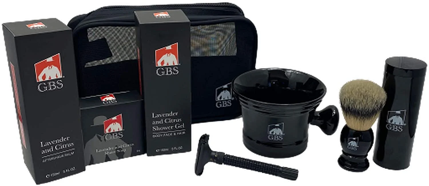 Expertly Made G.B.S Black Deluxe Razor Set Butterfly Opening De Adjustable Razor Shaving Bowl Soap Shower Gel and Aftershave Balm Professional
