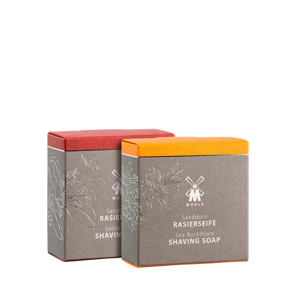 Breathable MÜHLE SHAVING CARE Shaving Soap Duo with the Mühle shaving soaps Sea Buckthorn and Sandalwood Refined