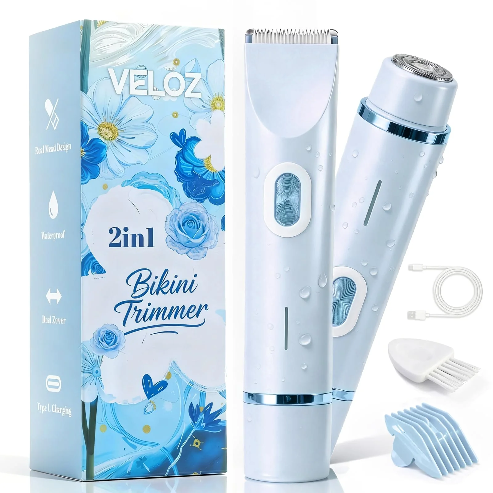 Pure VELOZ 2-in-1 Bikini Trimmer for Women Dual Head Electric Razor for Bikini Line Face Legs Underarms IPX7 Waterproof Cordless Shaver for Wet Dry Elite