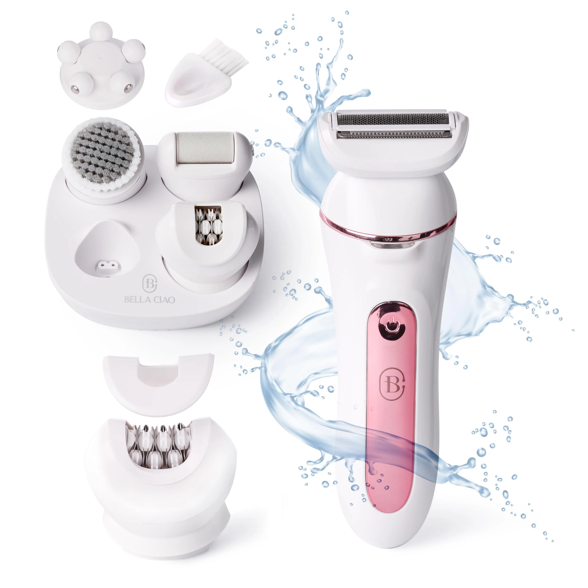 Traditional Bella Ciao 10-Piece Rechargeable Epilator Kit for Women Wet Dry Hair Removal Device with Bikini Trimmer Facial Brush Callus Shaver Foil Shaver Natural