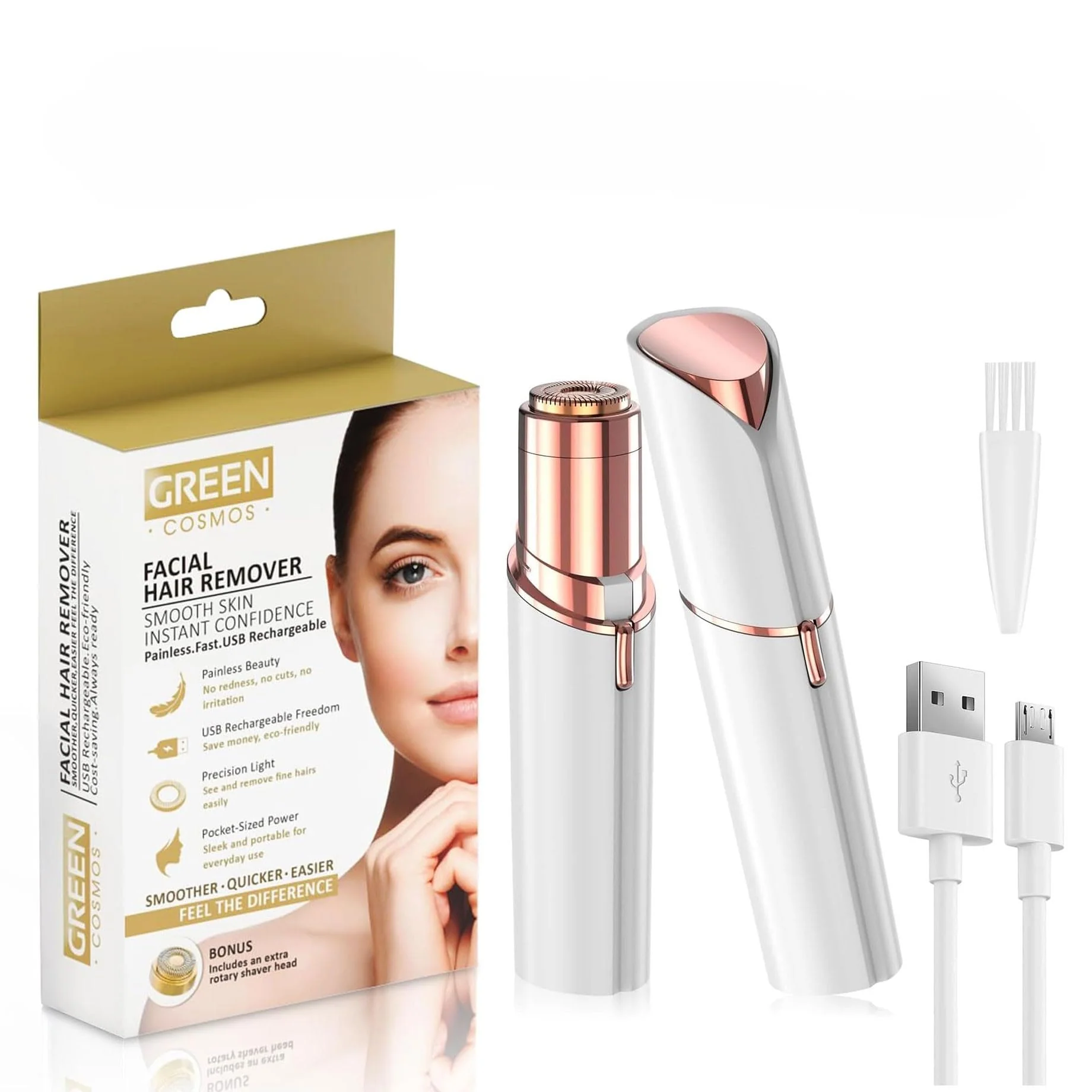 Unique Facial Hair Remover for Women - Gentle Painless Removal for Peach Fuzz Lip Chin - USB Rechargeable Solid