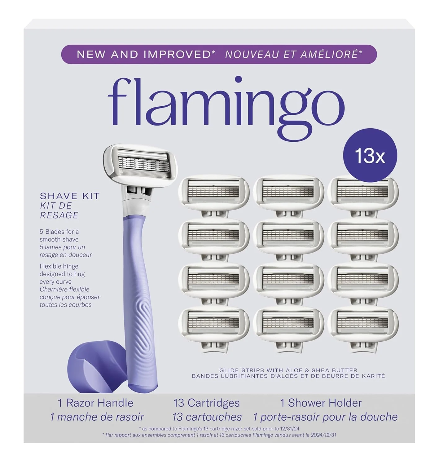 Effective Flamingo Razors for Women 1 Women's Razor Handle Lilac 13 Razor Five-Blade Refills and 1 Shower Holder Crafted