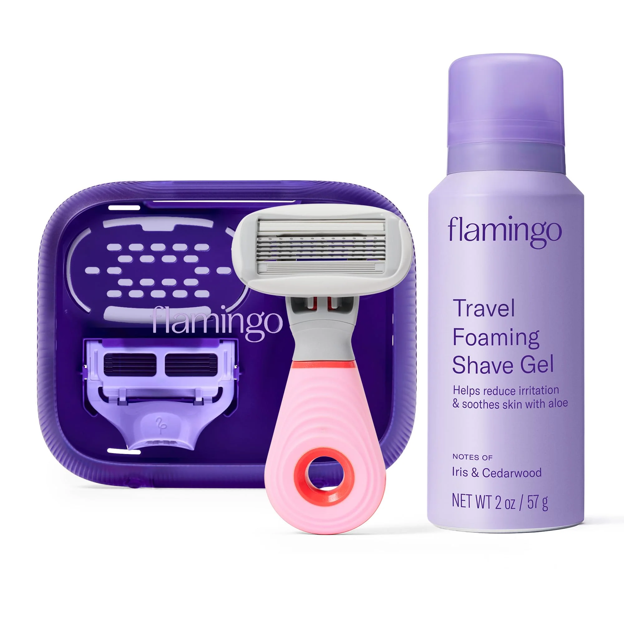 High-Performance Flamingo Travel Razor Kit for Women - Body Pubic Razor - Mini Handle 2 Blade Refills 1 Travel Size Foaming Shave Gel Vented Case - TSA Authentic