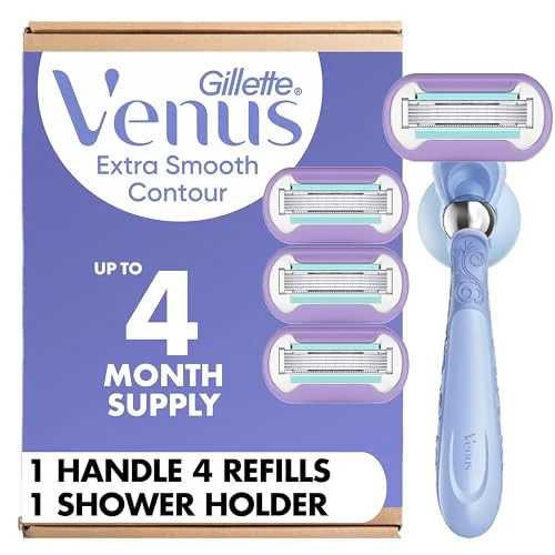 Eco-Friendly Gillette Venus Razor for Women Extra Smooth Contour Includes 1 Reusable Razor Handle 4 Count 5-Bladed Razor Refills with Flexiball Pivoting Prestigious