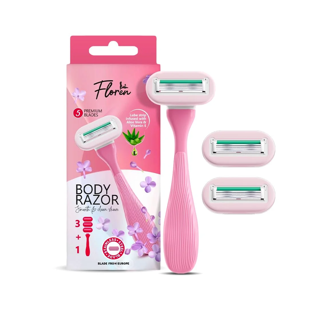 Crafted Floren Body Razor - 3 cartridges 1 handle 5 blades - Eurpoean Blades - Body hair removal Aloe Vera Strip Super Smooth Razor Hair Removal from Trendy