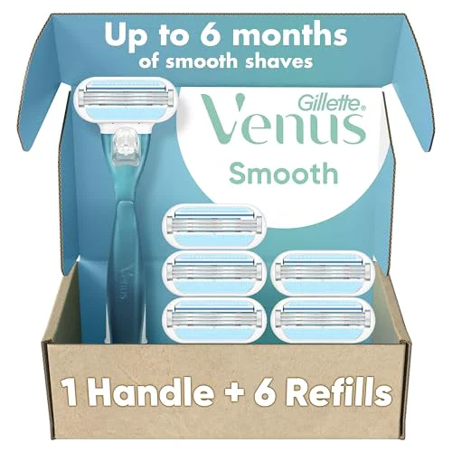 Stylish Gillette Venus Smooth Women's Razor Handle 6 Refills with Soft-Grip Gel Handle Green