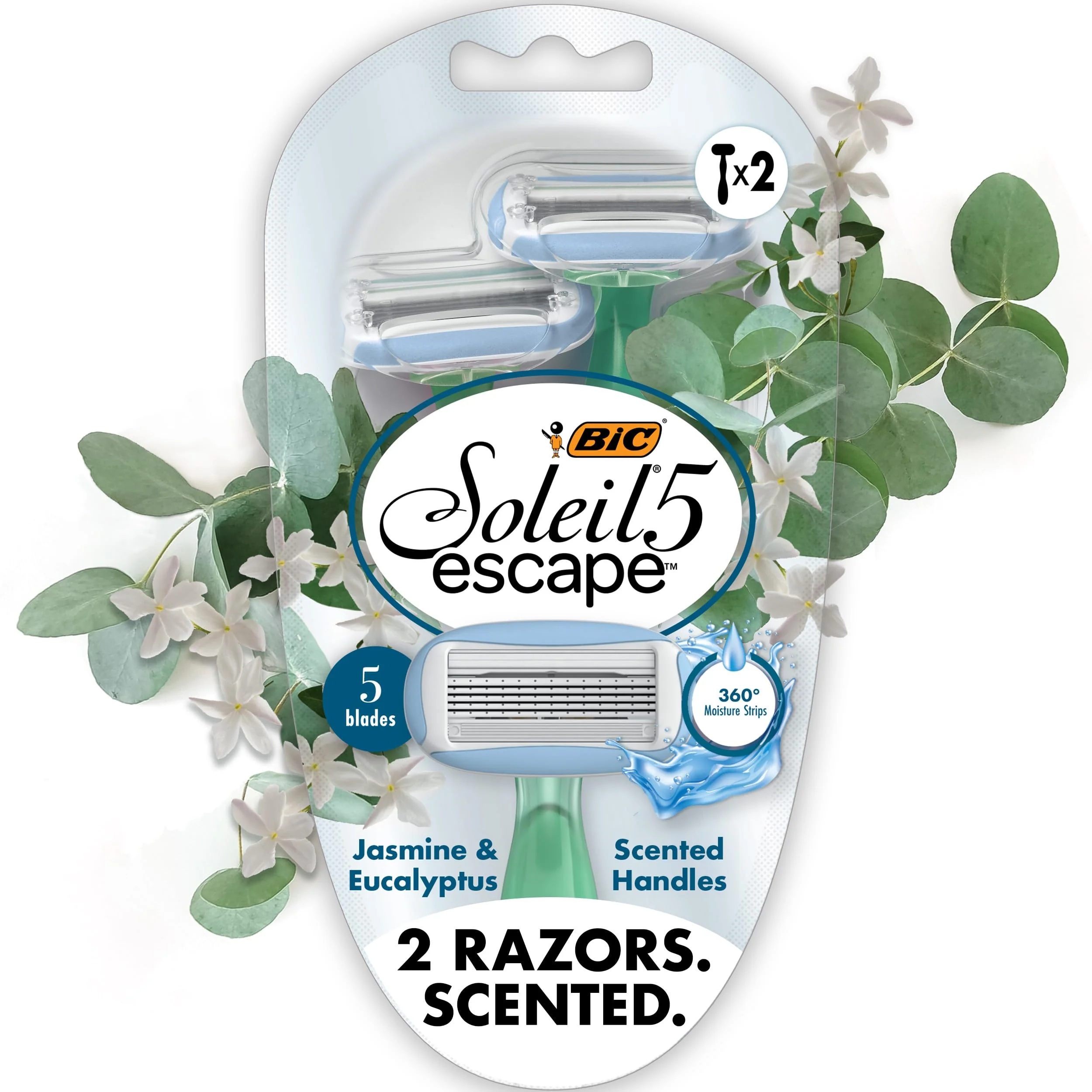 Easy-to-Use BIC Soleil 5 Escape Scented Women's Disposable Razors 5 Blades Comfortable Shave Jasmine Eucalyptus Scented Handle Shaving Razors for Women 2 Lightweight