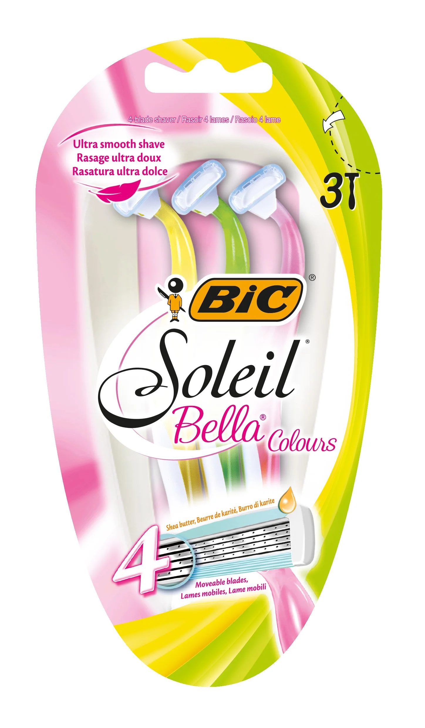 Fine Crafted BIC Soleil Bella Colours 4-Blade Lady Razors - Pack of 3 - Spring Mounted Blades with Pivoting Head for Ultra Smooth Shave Breathable