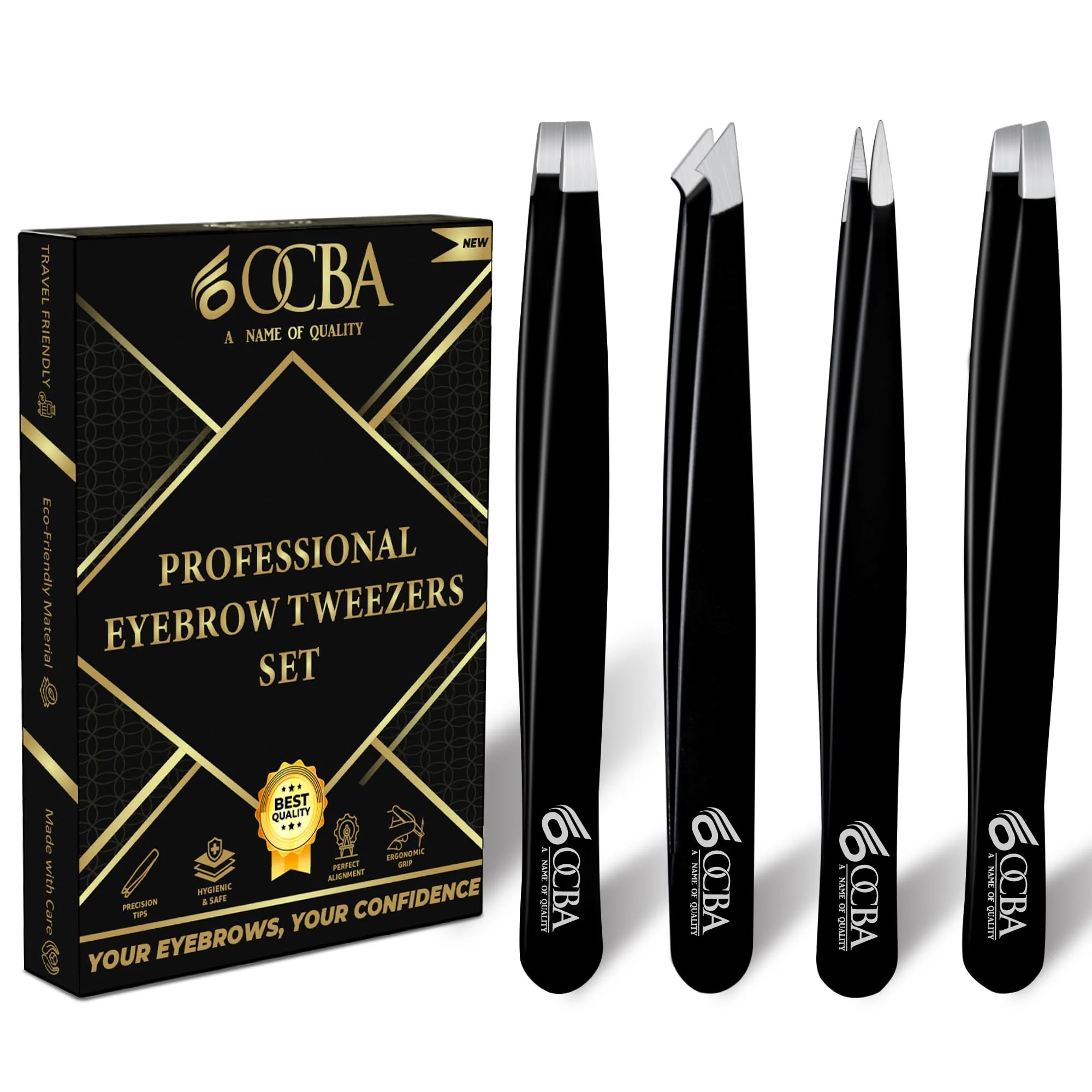Long-Lasting OCBA 4 Pcs Tweezers for Facial Hair Women Men for Precise Grooming of Eyebrows - Professional Stainless Steel Black Color Coated Eyebrow Tweezers Selected