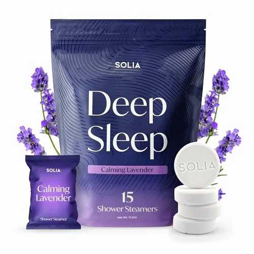 Sustainable Solia Natural Lavender Shower Steamers - Patent-Pending - Essential Oil Lavender Tablets Spa Steamers Aromatherapy 15-Pack Green