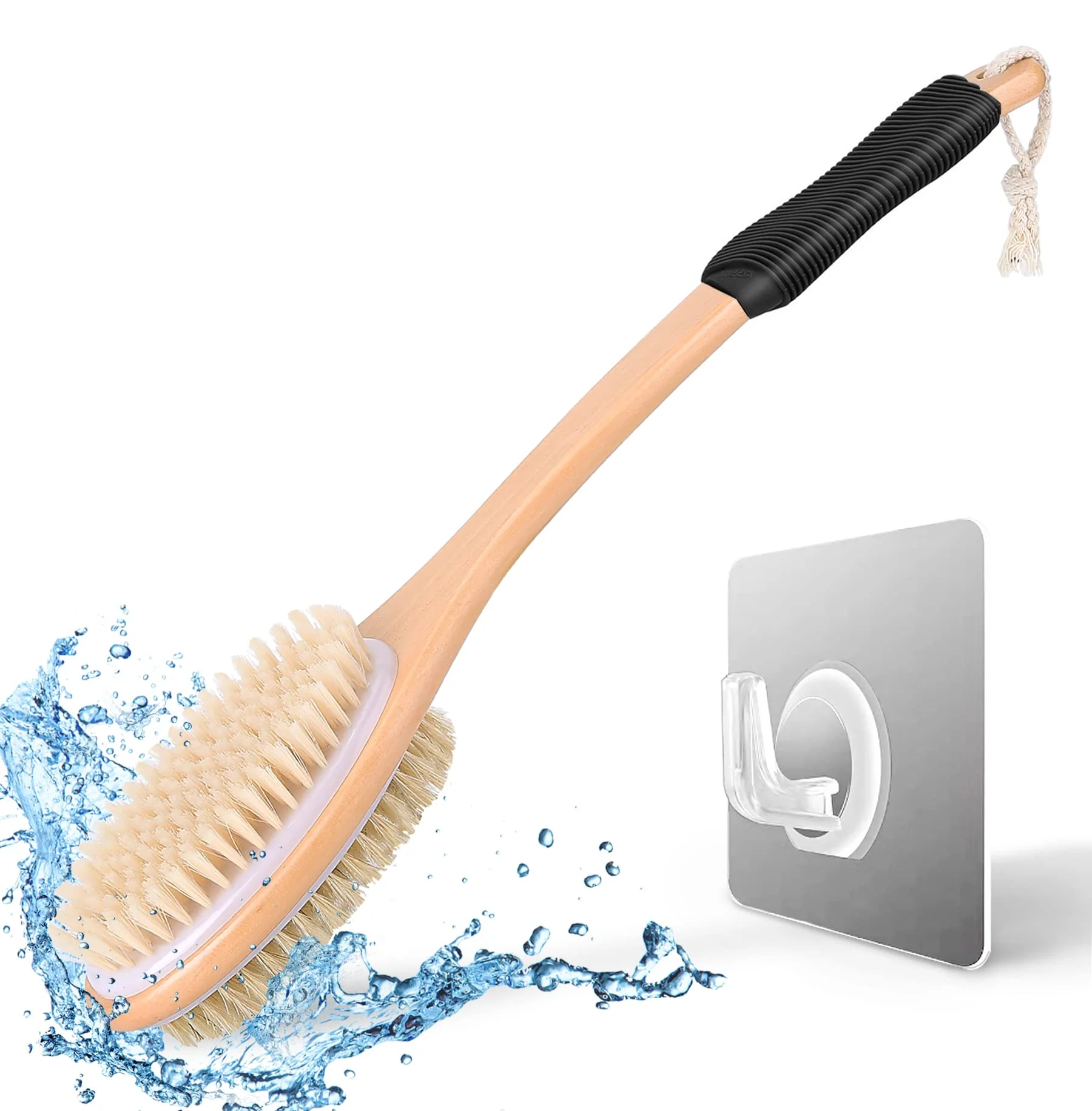 Smart KIPRITII Ergonomically Back Scrubber for Shower Double-Sided Back Long Handle Wet Dry Brush for Cellulite and Lymphatic Black Lightweight