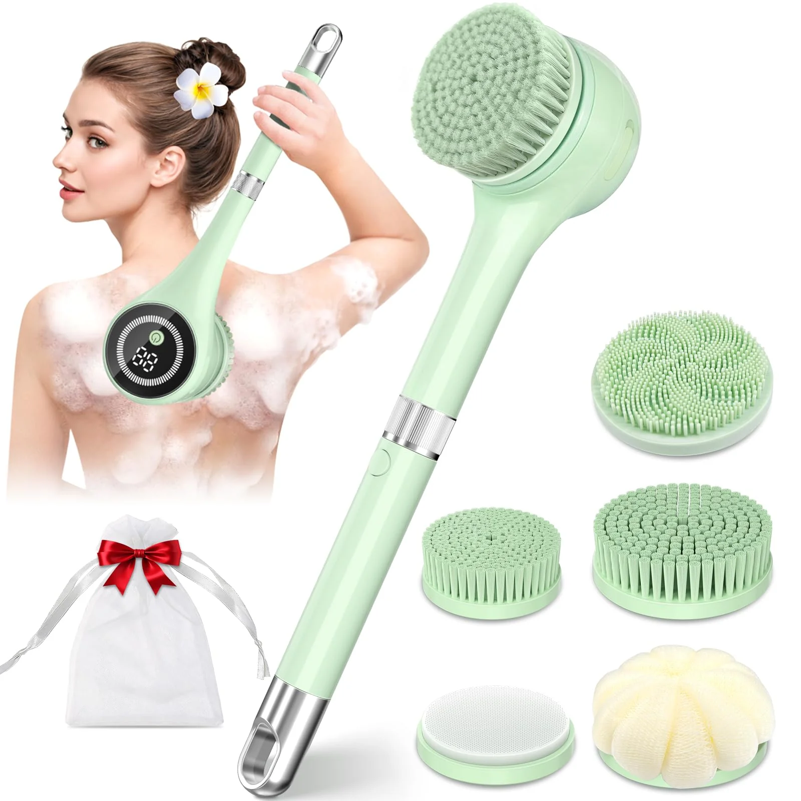 Healthy Electric Body Brush Back Scrubber for Shower Waterproof Long Handle Power Auto Body Scrubber with 5 Heads 3-Speed Rechargeable Bath Brush for Women Sophisticated