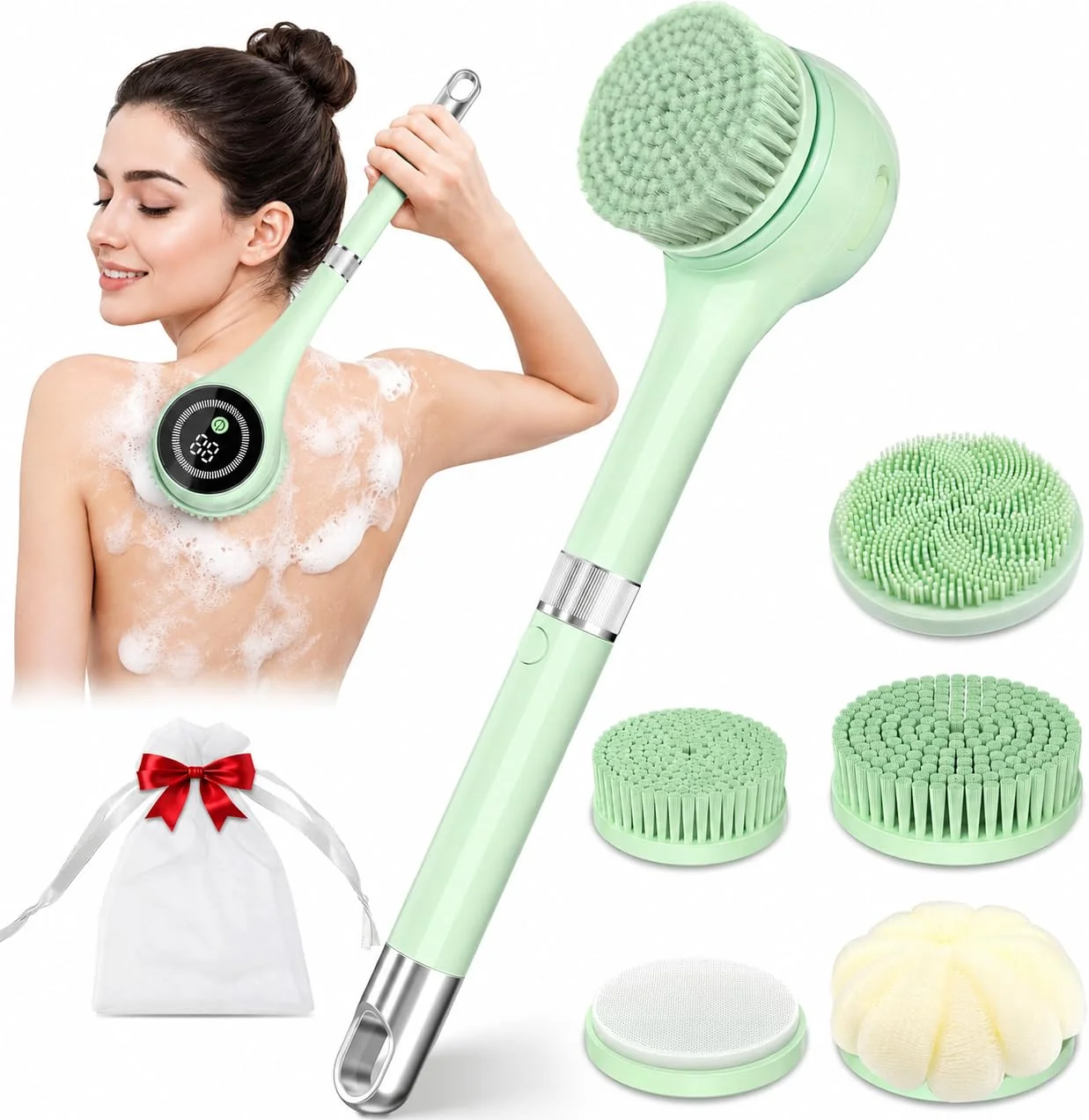 Solid Electric Body Brush Back Scrubber for Shower Waterproof Long Handle Power Auto Body Scrubber with 5 Heads 3-Speed Rechargeable Bath Brush for Women Outstanding