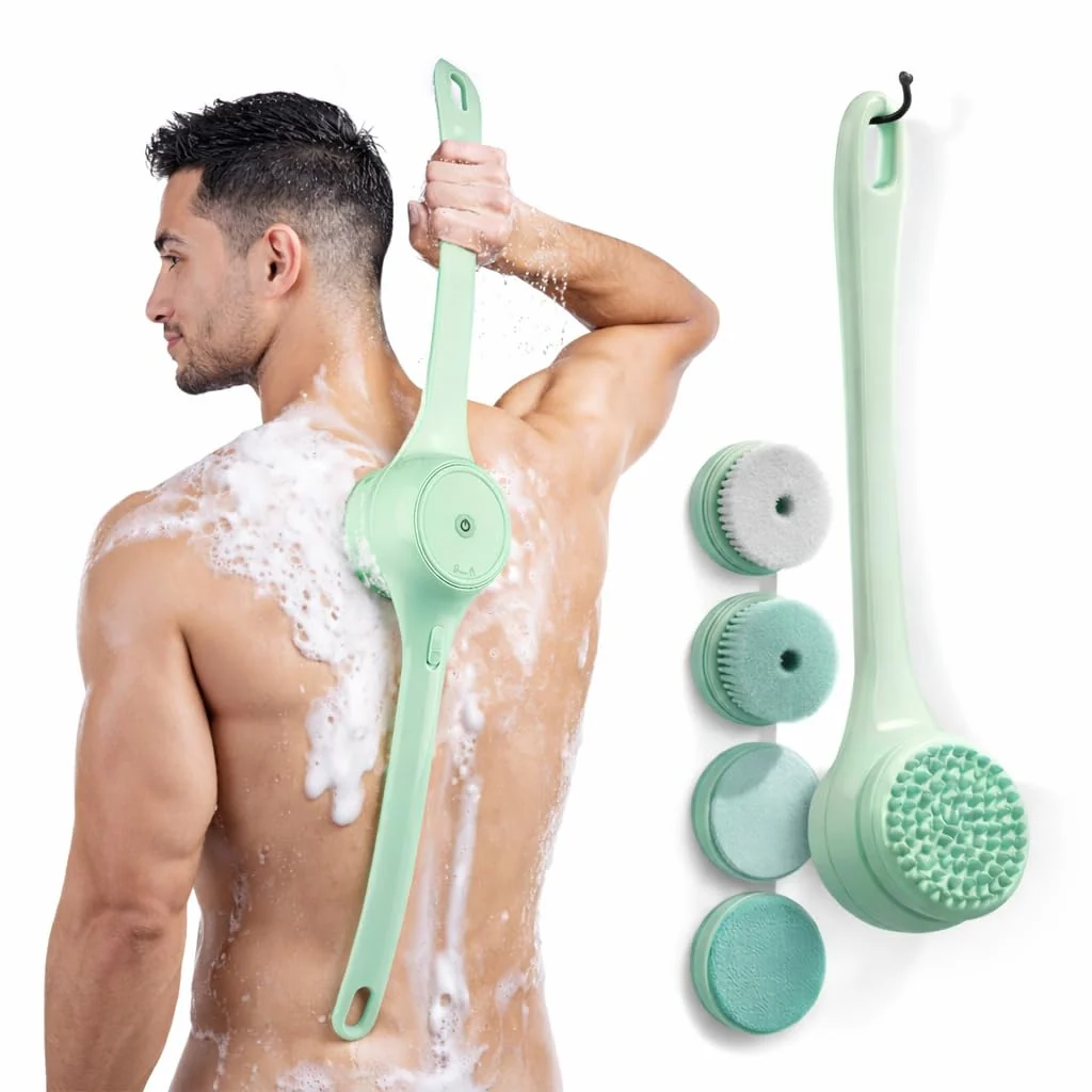 Healthy ME JO Electric Body Brush Back Scrubber for Shower - Massaging Spin Brush - 5 Heads - Waterproof - Rechargeable - Shower Back Scrubber Fashionable