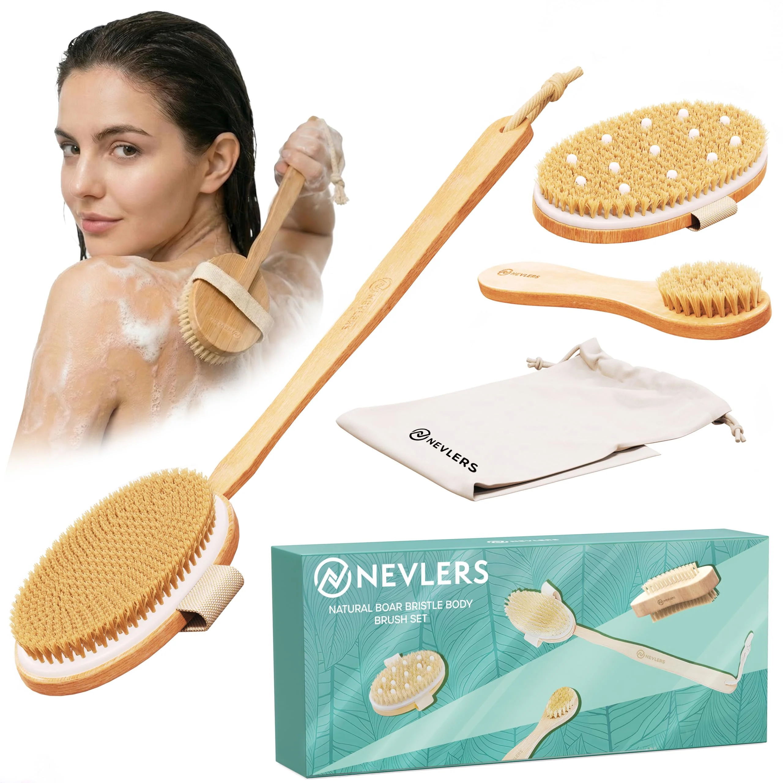Dependable Nevlers 4-Pack Natural Boar Bristle Wood Dry Brush for Lymphatic Drainage Premium