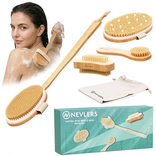Fine Nevlers 5-Pack Natural Boar Bristle Wood Dry Brush Set for Skin Exfoliation Elegant
