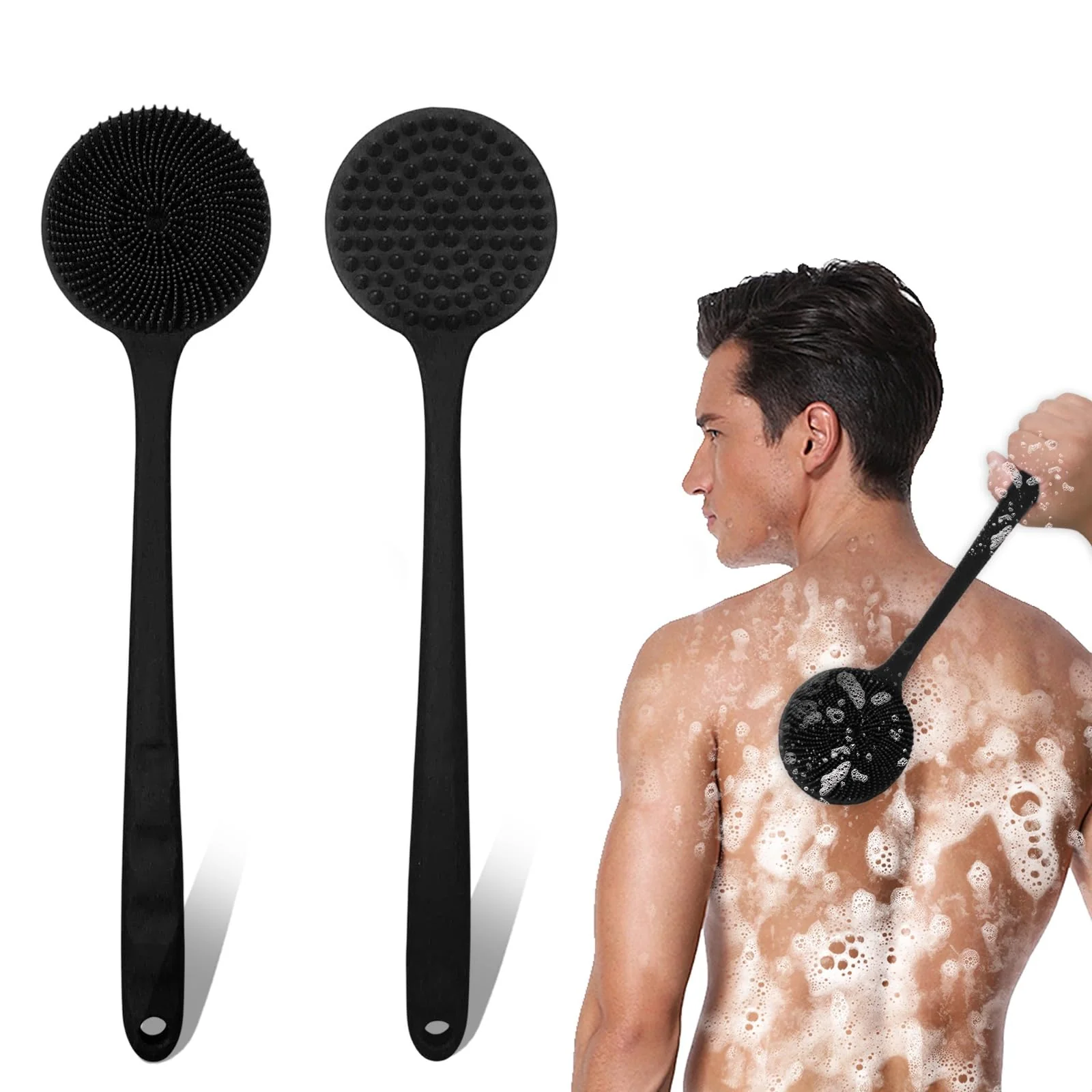 Flexible Long Handle Silicone Back Scrubber Shower Brush Double-Sided Body Wash Scrubbers for All Skin Types Gentle Exfoliating and Massage Ergonomic No-Slip Healthy