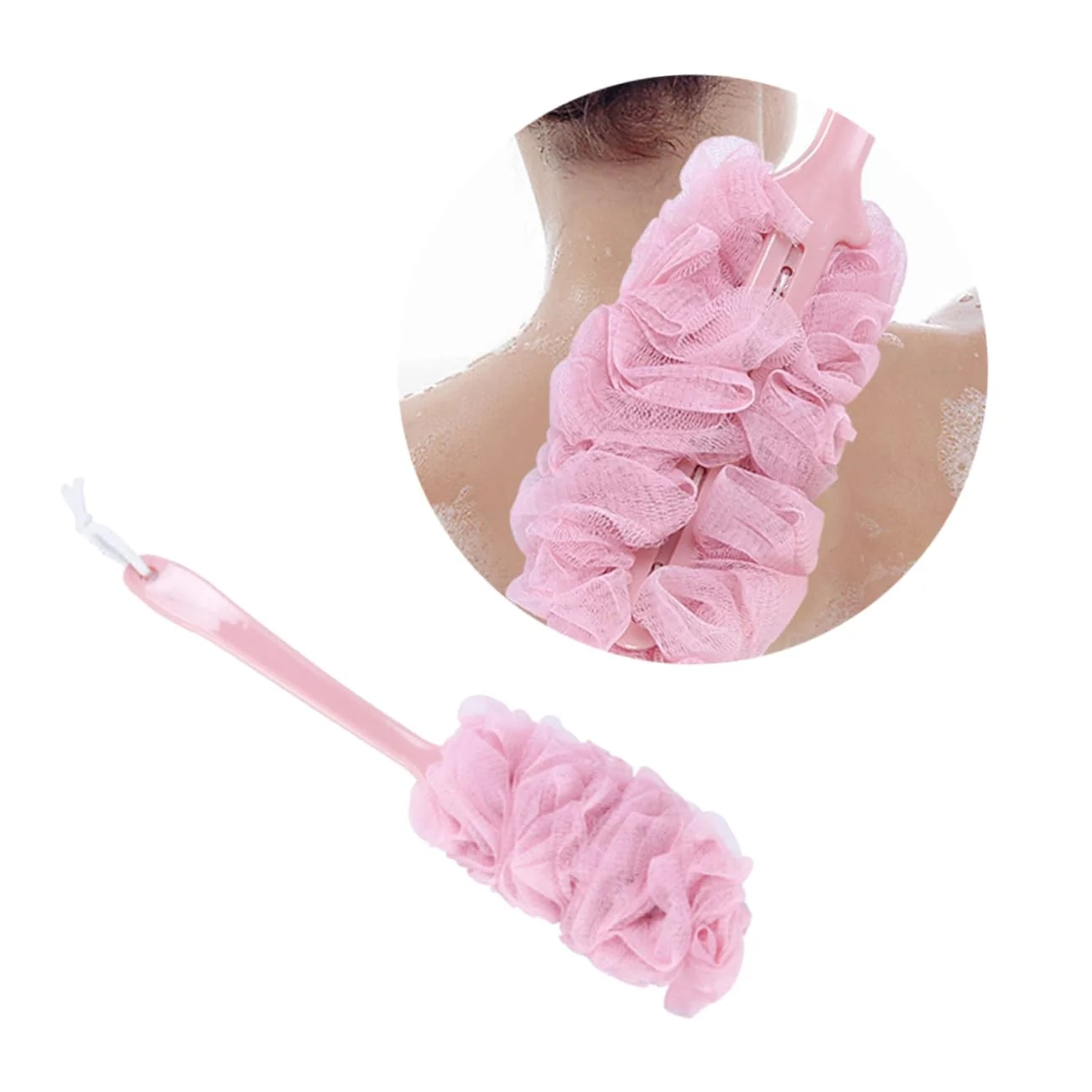 Unique OSOLADY Long Handle Exfoliating Body Brush Bath Tub Scrubber Shower Ball and Sponge Soft Mesh Gauze Scrubber for Gentle Cleaning Easy-to-Use