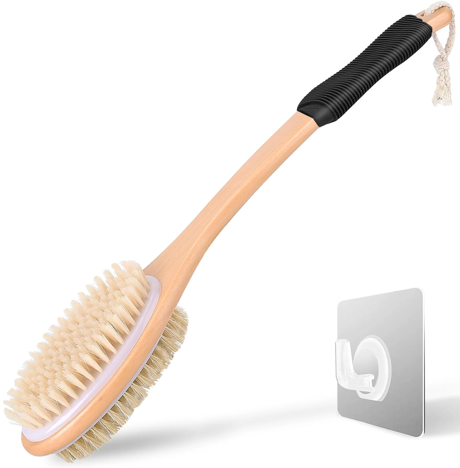 Pure Long Handle Ergonomically Back Scrubber Brush for Shower Double Sided Exfoliating Body Scrubber for Women and Men Black Artisan