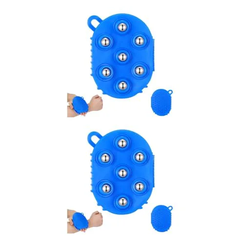 Organic 2pcs Palm Shaped Massage Glove Massage Bath Brush with 7 Metal Roller Ball Handheld Body Massager for Relieving Pain Muscle Soreness Cellulite Blue Breathable