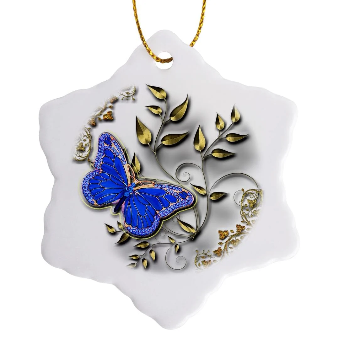 Smooth 3dRose Blue Butterfly and Gold Accents 3 inch Snowflake Porcelain Ornament Dependable