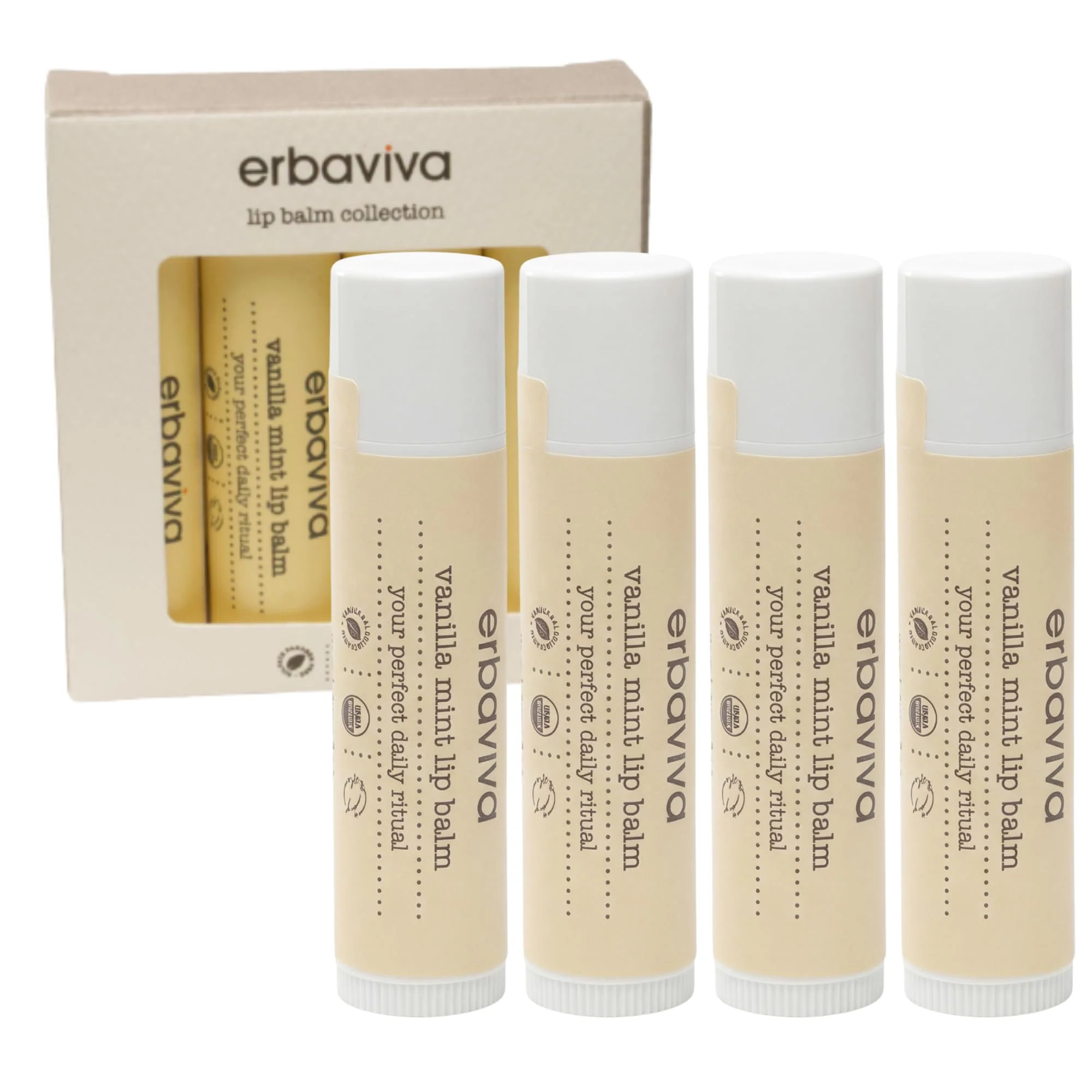 Trusted Erbaviva Vanilla Mint Lip Balm 4 Pack - USDA Organic Lip Balm with Elderflower Calendula Shea Butter - Long-Lasting Moisturizing Lip Care Classic