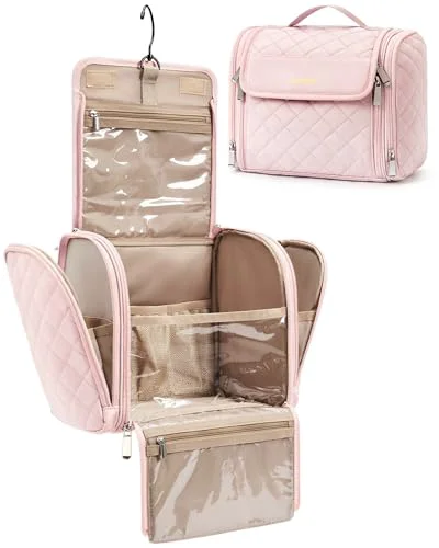 Specialty BAGSMART Makeup Bag for Women with Hanging Hook Large Portable Capacity Water-resistant Organizer Travel Case for Toiletries and Cosmetics Pink Flexible