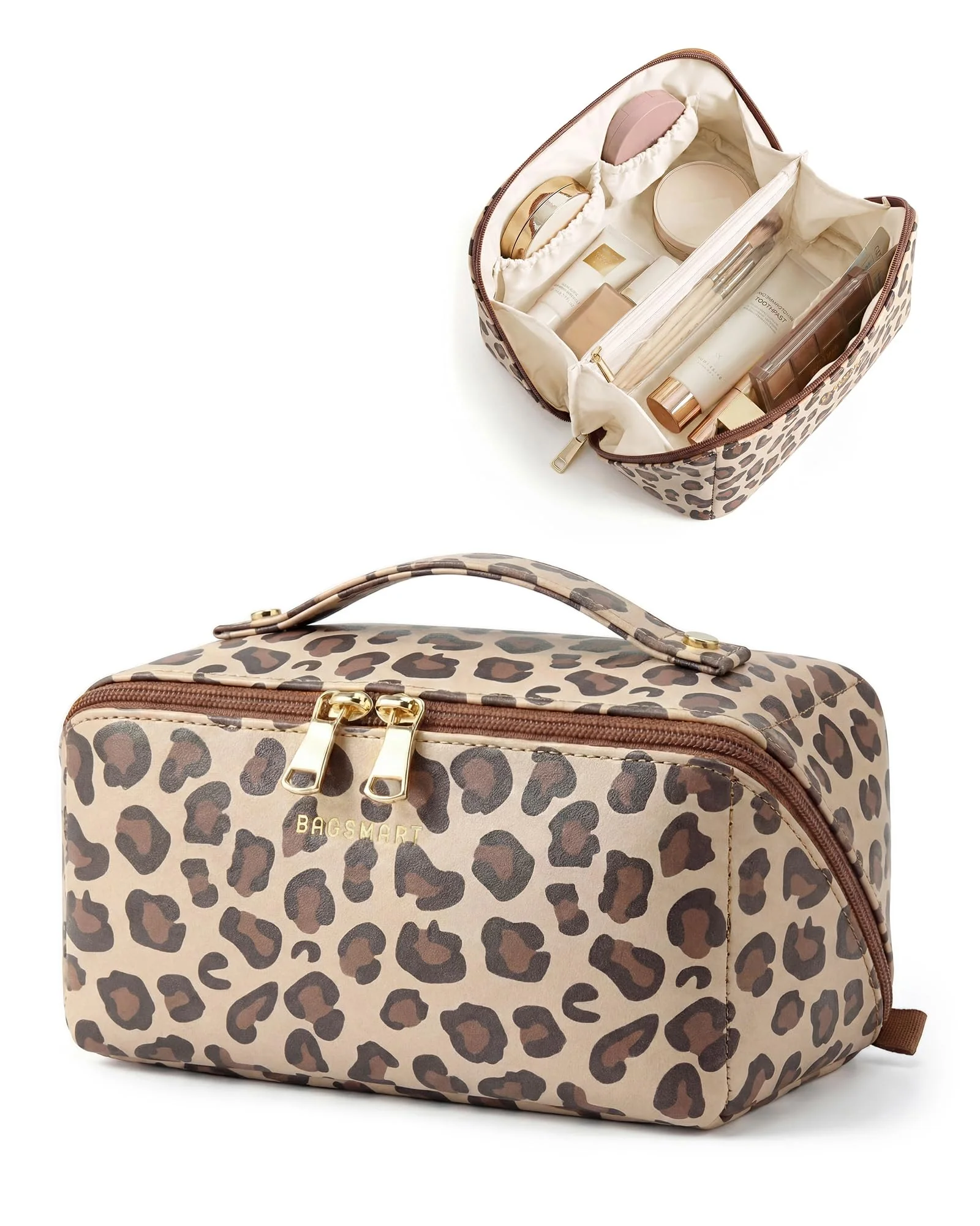 Innovative BAGSMART Makeup Bag Travel Cosmetic Bag Large Make Up Bag Flat Open Toiletry Bag for Women PU Leather Travel Essentials Organizer Case Wide-open Relaxed