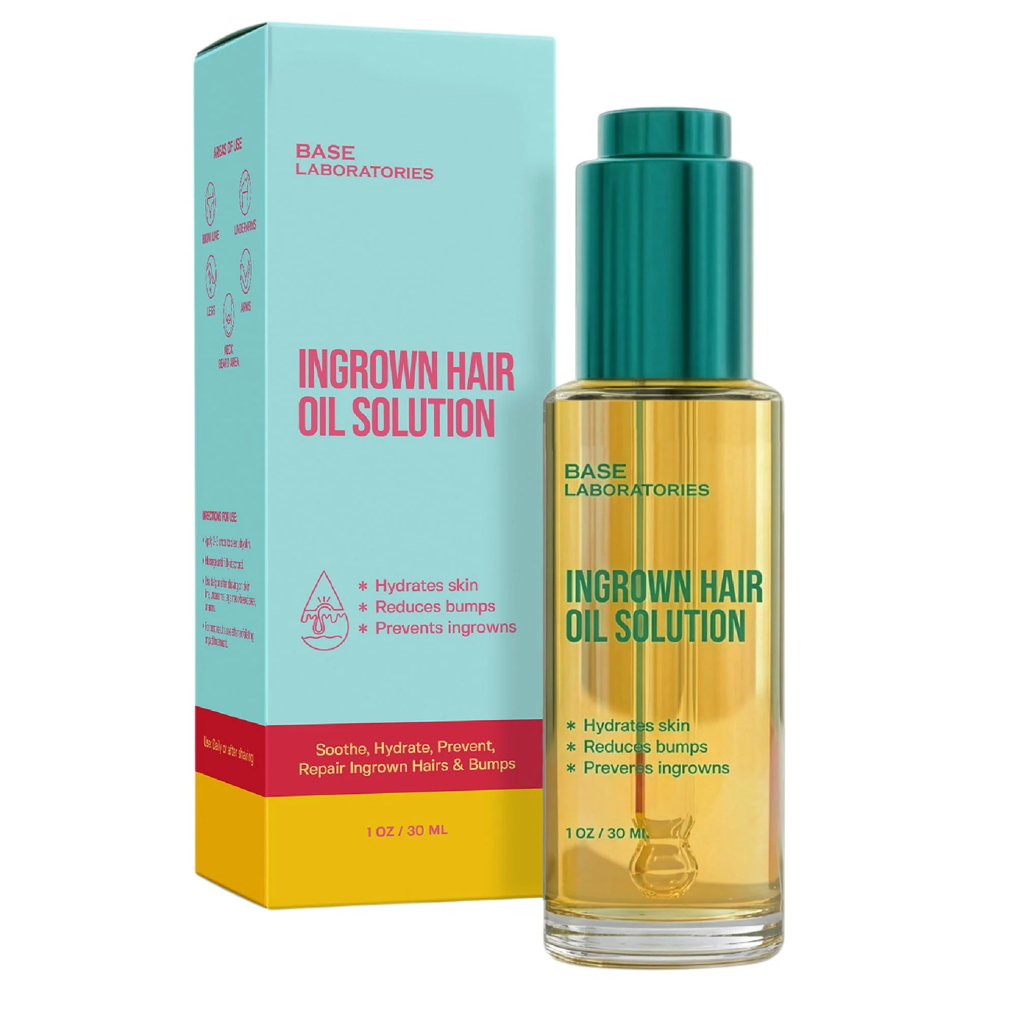 Green BASE LABORATORIES Ingrown Hair Treatment Oil - Soothing After Shave Oil Prevents Ingrown Hairs Soothes Razor Bumps for Bikini Area Legs Underarms Trusted