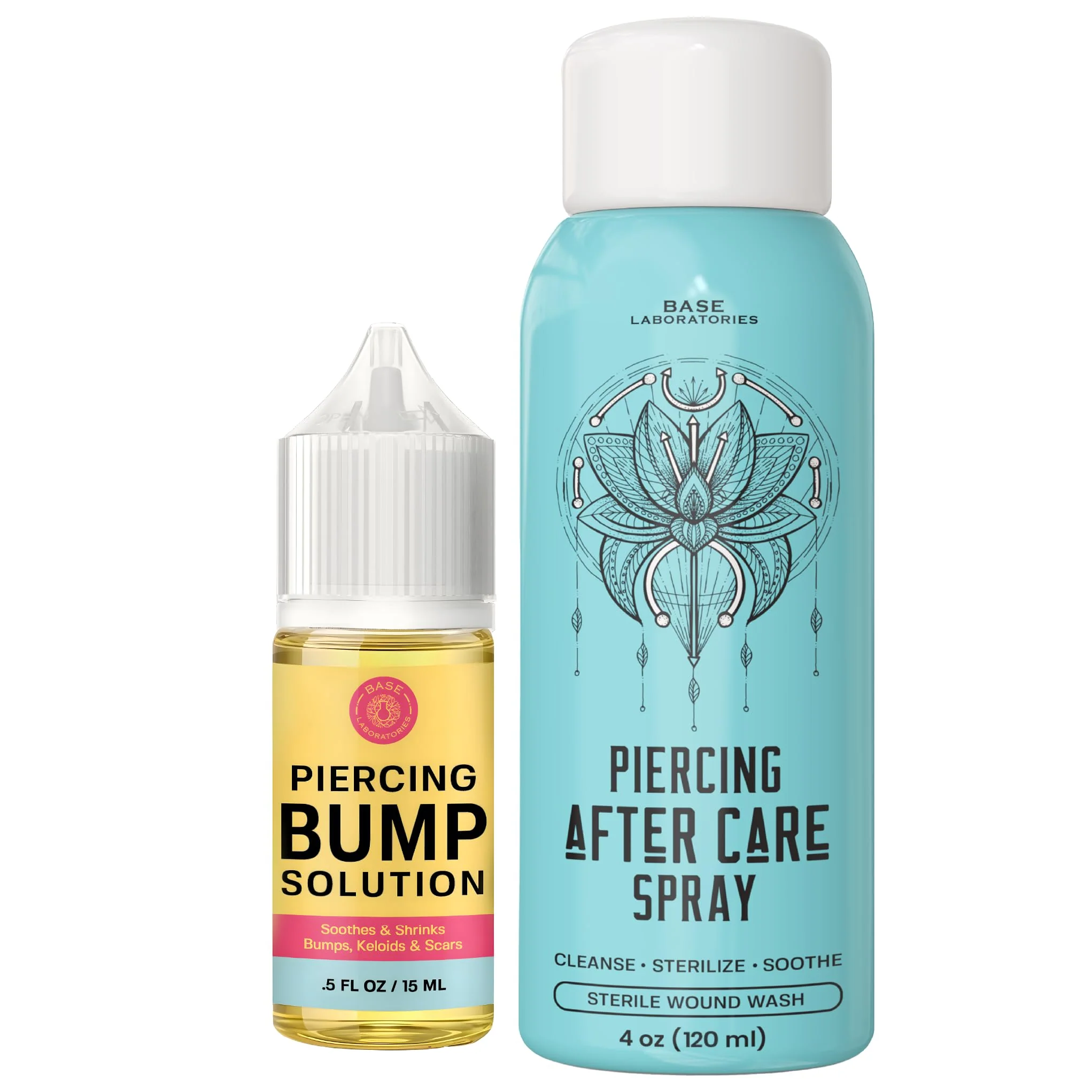 Official BASE LABORATORIES Piercing Aftercare Kit Keloid Piercing Bump Solution Oil 15ml Piercing Aftercare Spray 4oz - for Keloid Bump Removal Easy-to-Use