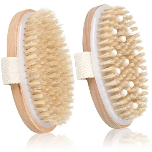Advanced 2 Pack Dry Brushing Body Brush Natural Bristle Exfoliating Brush with Massage Nodes for Lymphatic Drainage and Improving Skin Health and Reduces Environmentally Friendly