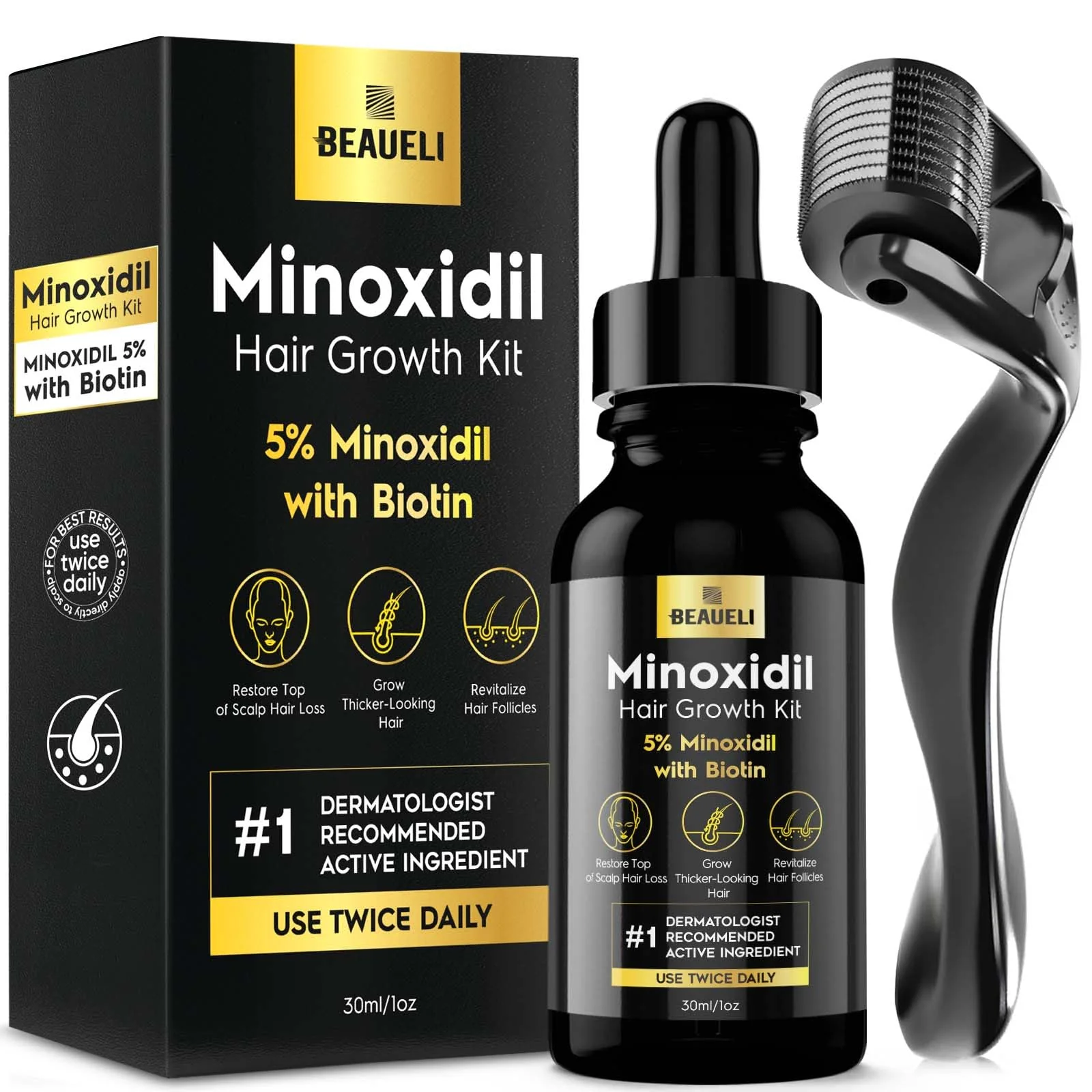 High-Performance Beaueli Minoxidil Beard Growth Kit For Men and Women Hair Loss and Hair Regrowth Treatments Minoxidil 5 Black Advanced