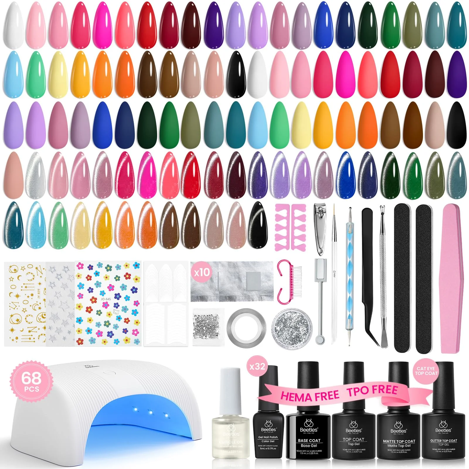Environmentally Friendly Beetles Box Gel Nail Polish Kit with U V Light - 32 Colors Studio Essentials Gel Polish 68 Pcs Nail Kit with TPO HEMA Base Coat Cat Eye Pure