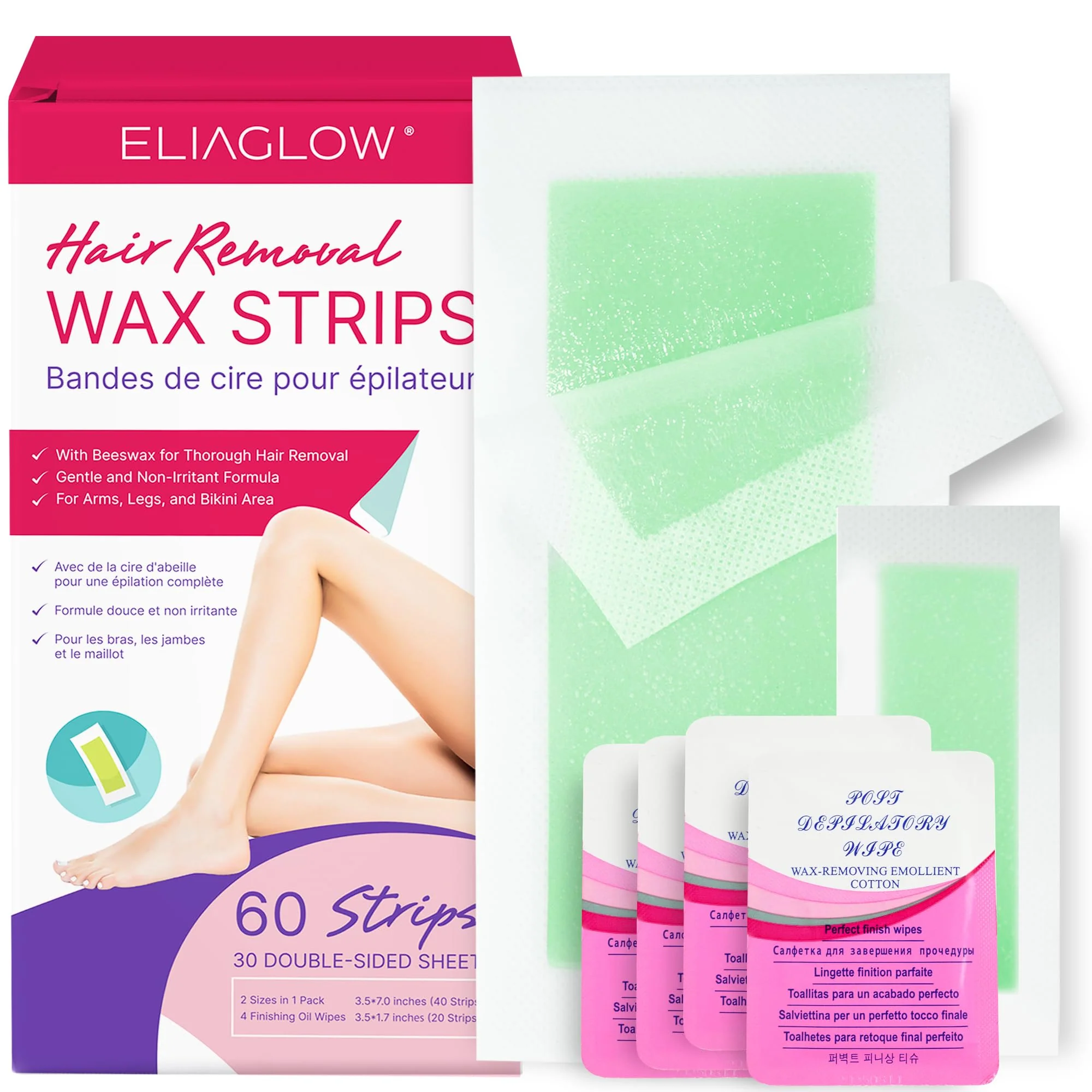 Easy-to-Use Wax Strips Hair Removal for Women Waxing Kit with 20 Pcs Body Waxing Strips Dual Sides 4 Calming Oil Wipe For Face Bikini Legs Lip Selected