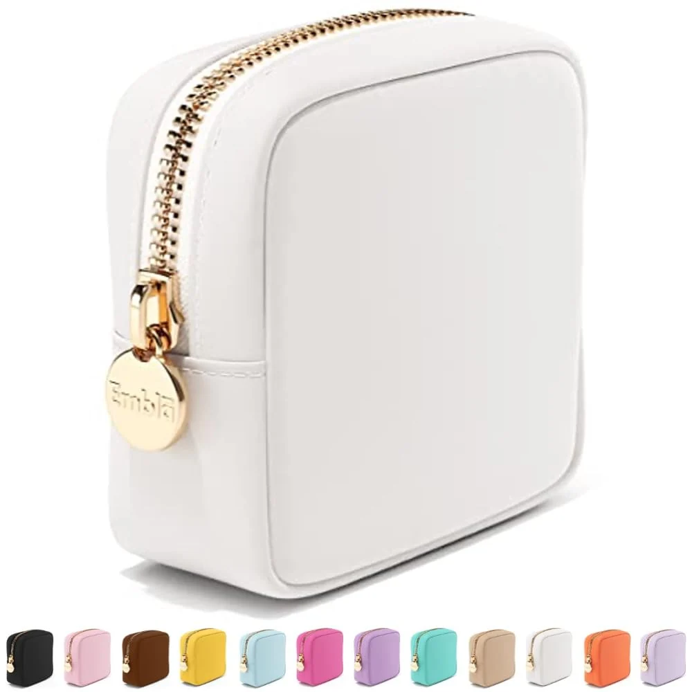 Professional Embla Small Makeup Bag for Purse Mini Waterproof Nylon Cosmetic Pouch Durable and Lightweight Travel Toiletry Bag with Smooth Zipper White Natural