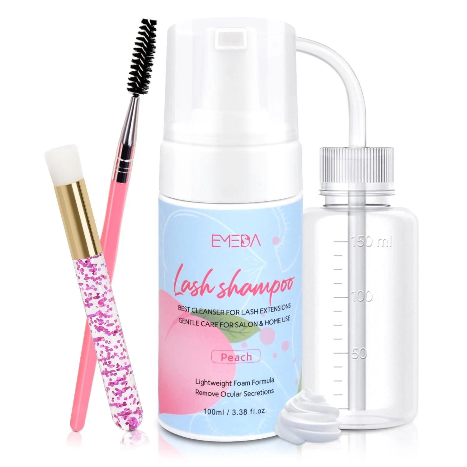 Organic EMEDA Lash Shampoo Kit - 3.38 fl.oz 100ml Gentle Foam Lash Cleanser Oil- Cleaning for Wash Extension Natural Eyelash Bath with Rinse Bottle Fine