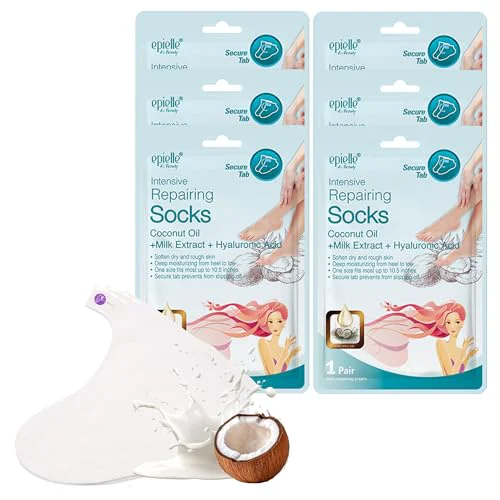 Breathable Epielle Intensive Repairing Foot Mask 6 Pairs Soften with Coconut Oil Milk Extract Deep Moisturizing Socks for Dry Cracked Feet Self Care Gifts Eco-Friendly