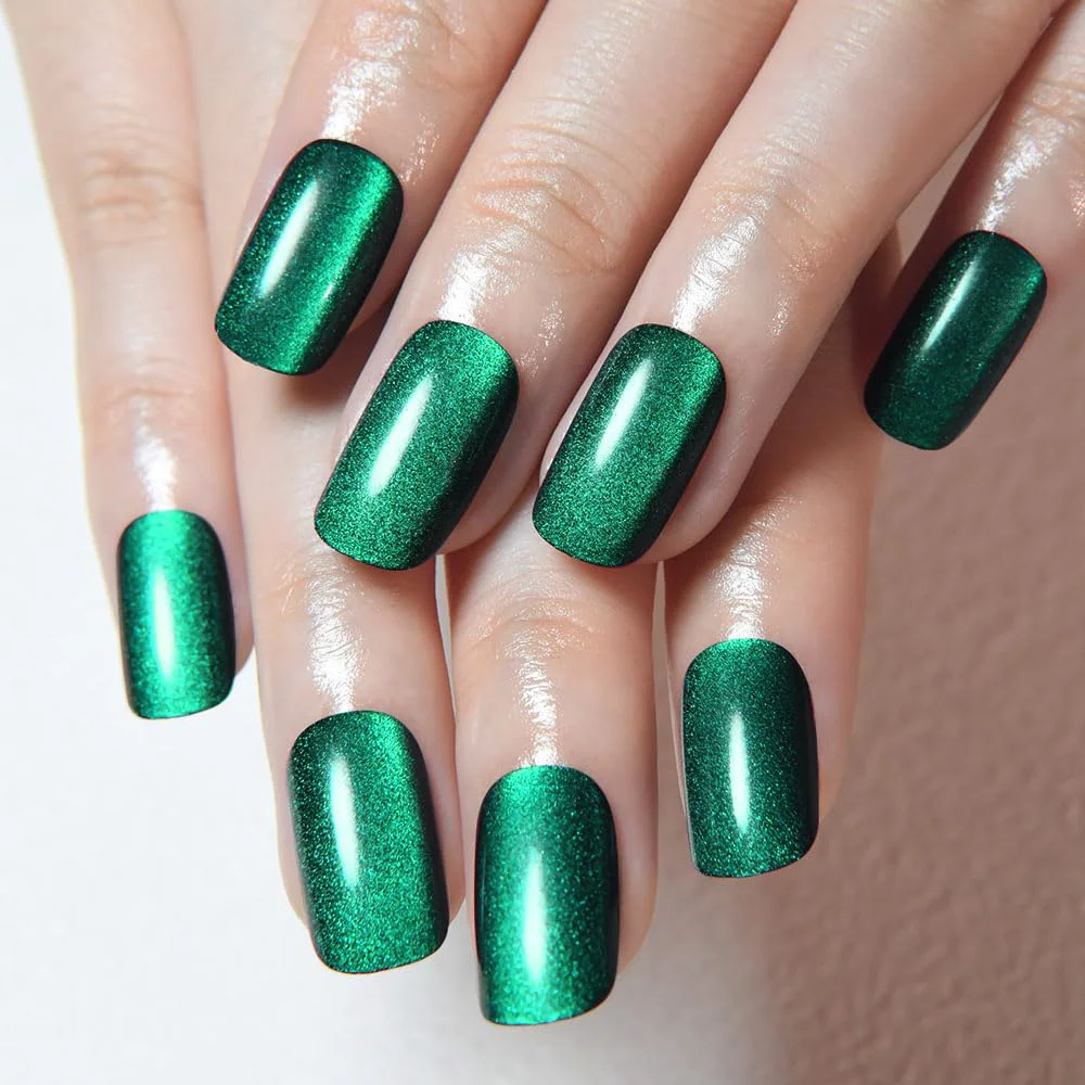 Crafted evpct Dark Emerald Green Metallic Cat Eye Press on Nails Square Medium Stick on Nails Medium Length Square for Women Green Metallic Nail press ons Prestigious