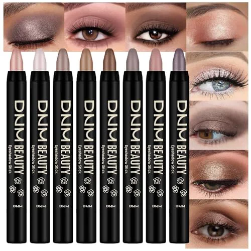 Versatile 8Pcs Cream Eye Shadow Brightener Stick Makeup Set Champagne Pearl Taupe Bronze Cocoa Stone Putty Smoky Amethyst Shimmer Matte Eyeshadow Eyeliner Elegant