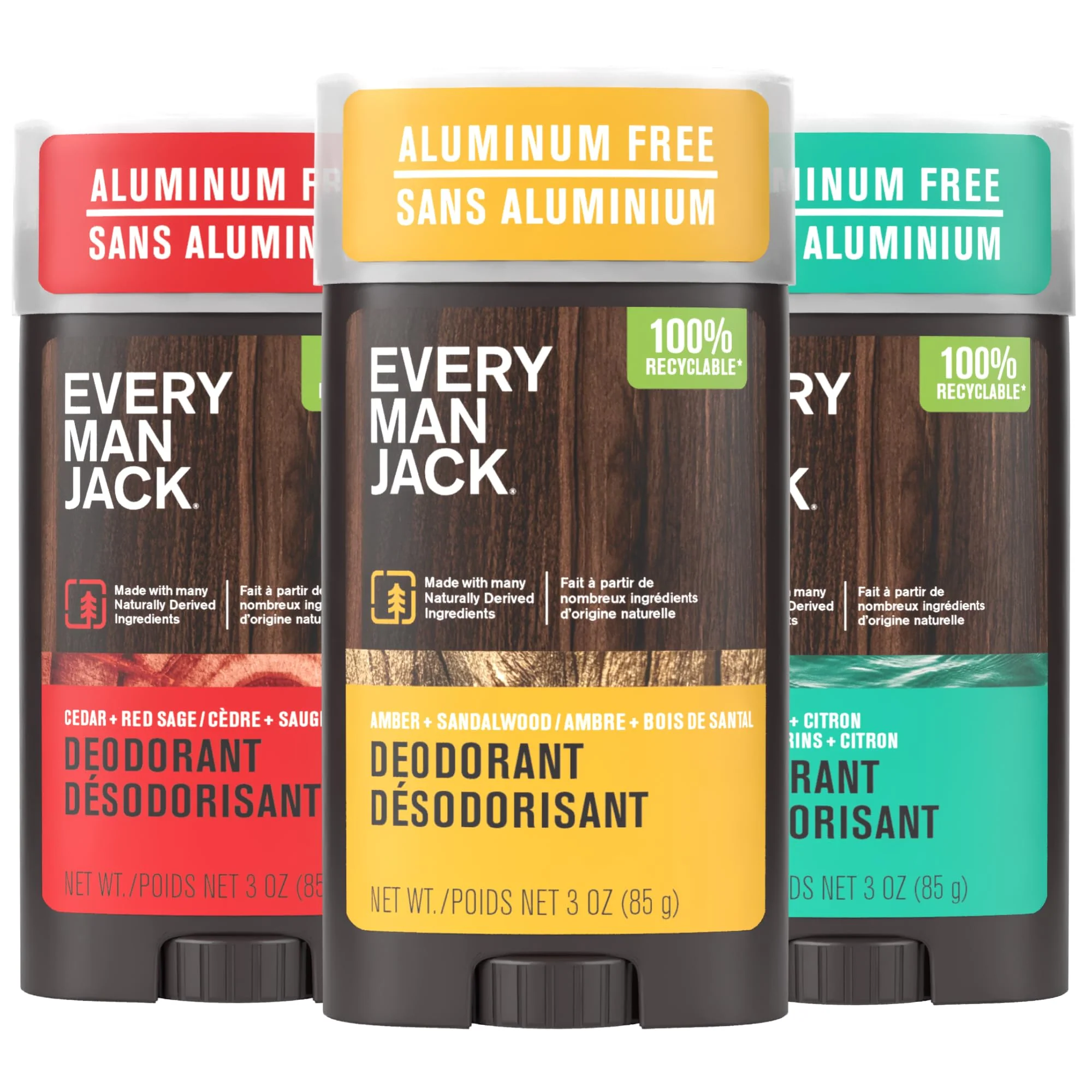 Verified Every Man Jack Men's Deodorant Variety Set - Three Full-Sized Deodorant Sticks with Clean Ingredients Scents - Cedar Red Sage Amber Traditional